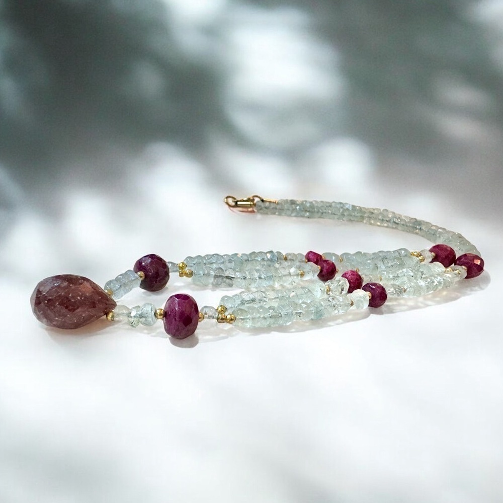 Hand-Faceted Raw Ruby & Aquamarine Gold Over Sterling Necklace